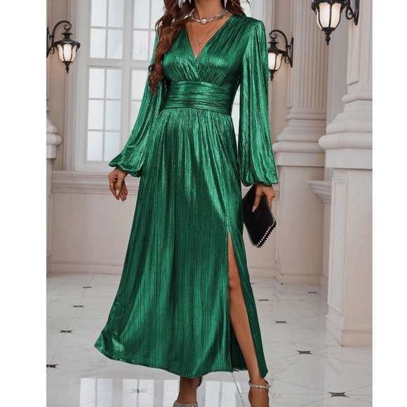 Dresses & Skirts - Metallic Plunging Neckline Slit Party Evening Dress